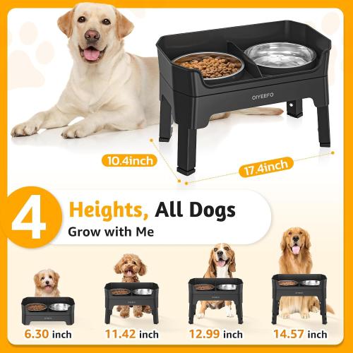 3 in 1 Elevated Dog Bowls Mess Proof: Raised Dogs Bowls - 4 Height Adjustable Dogs Bowl Stand with 2 * 53oz Stainless Steel Dog Food Bowl and Licking Plate for Small Medium Large & Pets,Black