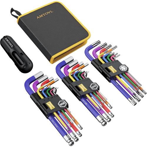 AMTOVL 27PCS Allen Key Set, Metric & SAE Allen Wrench Set, Extra Long Ball & Star End Hex Keys with T-Handle & Color Coding for Bicycle, Household DIY