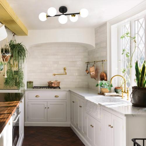 Mid Century Modern Bathroom Vanity Lights, 5-Light Bathroom Light Fixtures Black and Gold Bathroom Lights Semi-Flush Mount Ceiling Light, Wall Sconces Wall Light with Globe Frosted Milk Glass, G9 Base