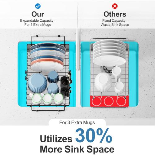 iSPECLE Expandable Dish Drying Rack for Kitchen Sink - Rust Resistant Adjustable Over The Sink Dish Drainer with Secure Locking Knob, 90° Anti-Slip L-Handles, 12.8 W x 12.4-17.1 L, Black