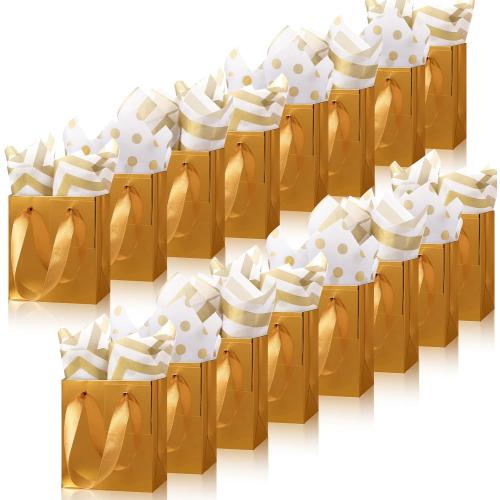 Tenare 12 Pcs Small Gift Bags Mini Paper Bags Bulk Tiny with Handle Tissue for Jewelry Gift Wrapping Summer Birthday Baby Shower Back to School Party Supply(4 * 2.75 * 4.5inch,Gold)