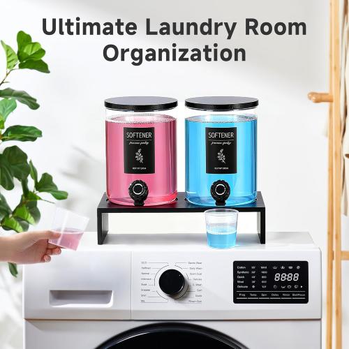 Glass Laundry Detergent Dispenser with Shelf & Black Bamboo Lid - 120 Oz Liquid Detergent, Laundry Soap & Fabric Softener Dispenser for Laundry Room Organization and Storage with 2 Cups & 8 Labels