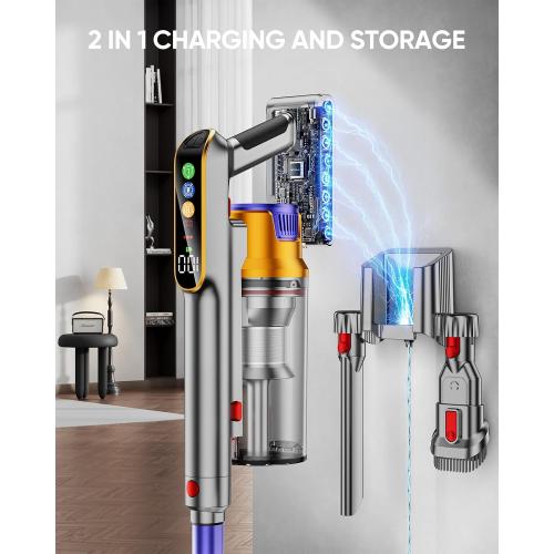 Grey Cordless Vacuum Cleaner, 580W 48KPA 60 Mins Vacuum Cleaners for Home, Stick Vacuum with 1.8L Large Dust Cup, Wall Mount Charging, Anti-Tangle Wireless, Green Light for Pet Hair, Carpets, Hardwood