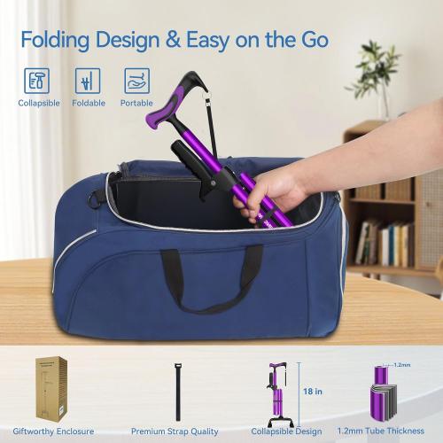 KingPavonini Walking Cane for Women/Men with Second Handle, Foldable & Adjustable Quad Cane with 4-Pronged Base for Standing, Lightweight Walking Aid for Seniors & Adults