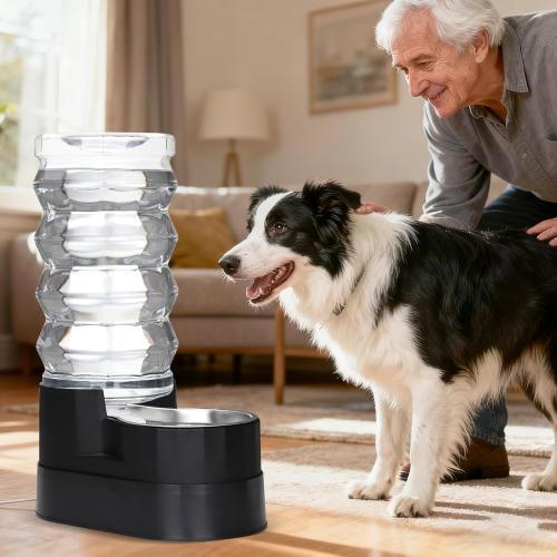 RIZZARI Automatic Dog Water Dispenser: 9L Black Elevated Feeder with Stainless Steel Dish for Elderly Dogs with Spinal Issues - Gravity-Fed Wide-Mouth - Non-Slip - Stable Base for Home or Garage Use