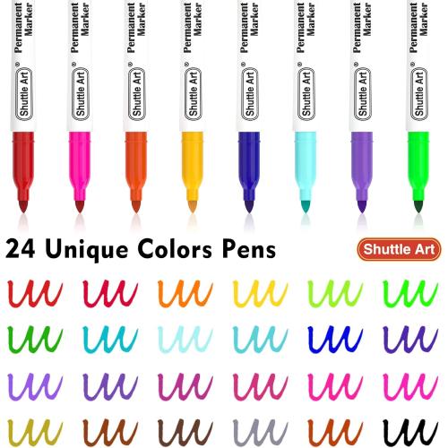 Shuttle Art Permanent Markers, 24 Colors Fine Point Assorted Colors Permanent Marker Set, Works on Plastic,Wood,Stone,Metal and Glass for Doodling, Coloring, Marking