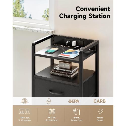 Night Stand Bedside Charger Bedroom - Nightstand with Charging Station & LED Light Strip, Night Stand with Storage Shelf & 2 Fabric Drawers, Morden End Table with U-S-B Ports & AC Outlets