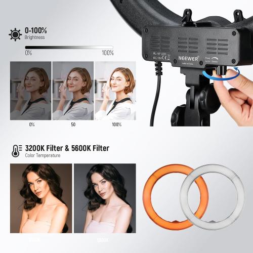 NEEWER 18 Ring Light, 58W 5500lx 5600K Dimmable CRI95 240 LEDs, Lighting with Cold Shoe Bi Color Filters Carry Bag Phone Holder for iPhone Selfie Makeup Studio Photography Video Recording, RL-18
