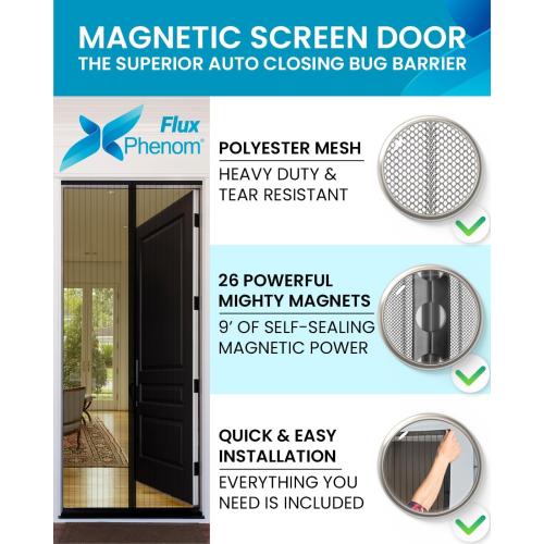 FLUX Magnetic Screen Door - Self-Closing, Pet-Friendly, Durable Polyester Mesh Screen Door with Powerful Magnetic Attachments, Keeps Bugs Out, Fits Sliding Doors and Standard Doors up to 36 x 78