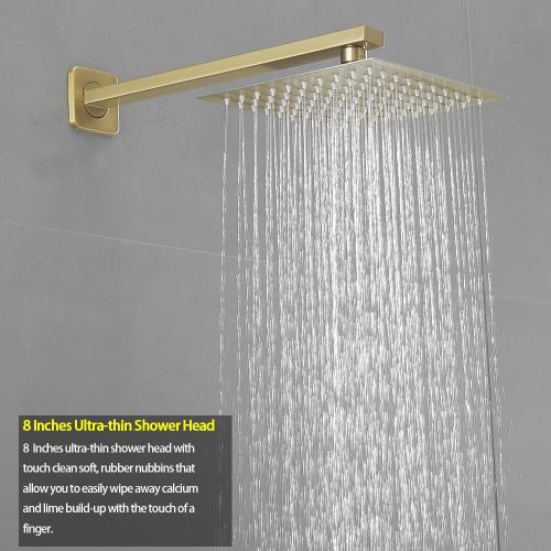 Brushed Gold Shower Faucet Set, Single Function Shower Trim Kit with Rough-in Valve, Square Rain Shower Head System Included Extra Long Shower Arm for Bathroom
