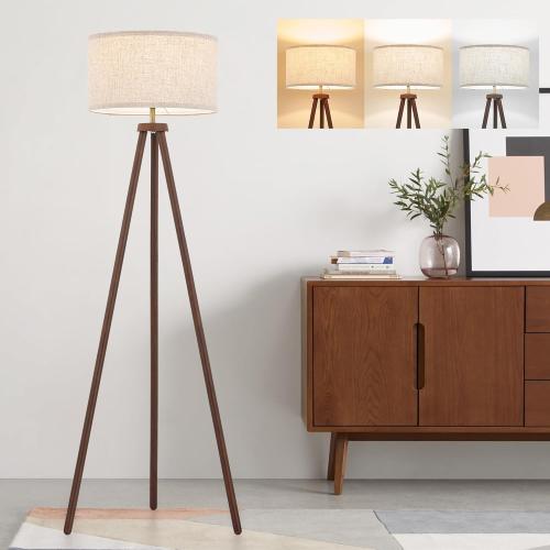 ELYONA Wood Tripod Floor Lamp Brushed Brass Metal & 3 Color Temperatures LED Bulb Vintage Wooded Standing Lamp Industrial Tall Light for Living Room Bedroom Office Beige Linen Shade Dark Brown & Gold