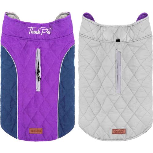Size Large Purple and Grey ThinkPet Dog Cold Weather Coats - Cozy Waterproof Windproof Reversible Winter Dog Jacket, Thick Padded Warm Coat Reflective Vest Clothes for Puppy Small Medium Large Dogs