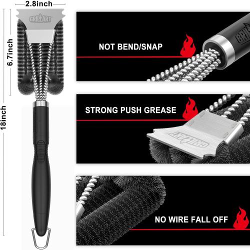 GRILLART Grill Brush, 18'' Extra-Strong Handle, BBQ Cleaner with Scraper