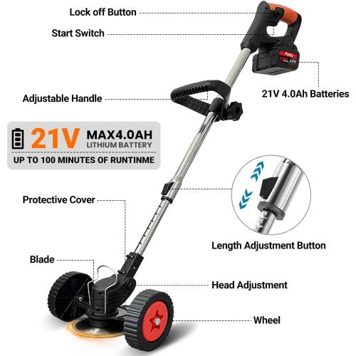 ORANGE AND BLACK Cordless Electric Weed Wacker with Wheels, 3-in-1 Lightweight Weed Eater/Brush Cutter/Grass Trimmer Battery Powered, Includes 21V 2×4.0Ah Batteries, 5 Types Blade & Charger, for Lawn Yard Garden
