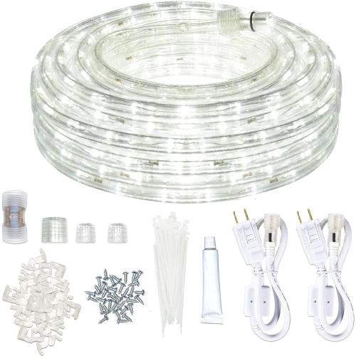 SURNIE Rope Lights Outdoor Waterproof Daylight White: LED 50FT Cuttable Outside Bright 110V Lighting Connectable Flexible Plug Cool Clear Tube, Indoor Deck Patio Xmas Camping Decor, Not Flat Strip