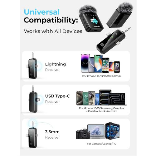 3-in-1 Mini Microphone for iPhone: Wireless Lavalier Microphone with 80ft Range & 15H Battery - Noise Reduction Lapel Mic, Real-Time Monitoring for Video Recording, Vlog,Light Black