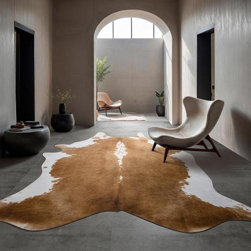 BENRON Premium Faux Cowhide Rug, Cow Print, Rustic Western Rugs for Living Room Bedroom, Irregular Animal Skin Hides, 4.6 x 5.2ft, Anti-Skid Cool Carpets for Cowboy Cowgirl Home Decor, Khaki Brown