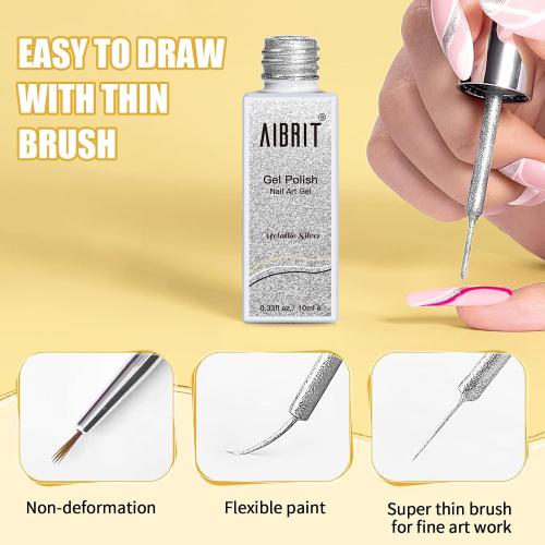 Gel Liner Art Polish Set 10ml, 4 Colors Black White Gold Silver Design Paint with Thin Brush in Bottle for Swirl/Euphoria French Tips Manicure Painting DIY at Home
