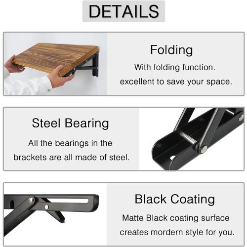 Folding Shelf Brackets - 18 inch 4 Pcs DIY Wall Mounted Shelf Brackets for Garage Workstation, Stuff Supports, Plant Stand - Heavy Duty Metal Collapsible Floating Shelf Bracket Black