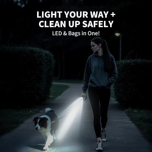Dog Poop Bag Holder with Flashlight, USB Rechargeable, Doggie Waste Bag Dispenser for Leashes, Includes 1 Roll Extra Thick Bags, Clip & Holder - by PetIsay(Black)