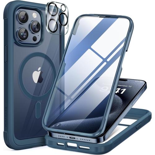 Miracase Magnetic for iPhone 15 Pro Max Case 6.7'' [Compatible with Magsafe] Full-Body Drop Proof Bumper Phone Case for iPhone 15 Pro Max with Built-in 9H Tempered Glass Screen Protector,Blue