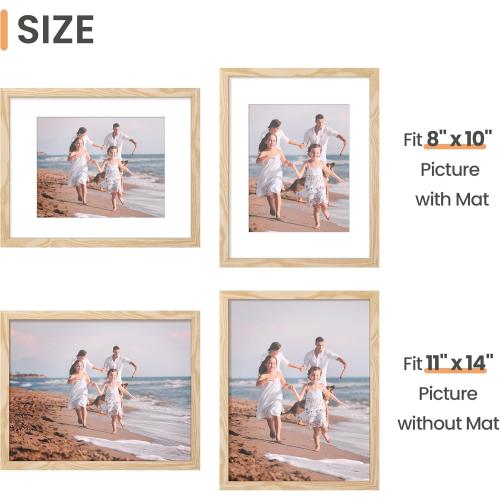 upsimples 11x14 Picture Frame, Display Pictures 8x10 with Mat or 11x14 Without Mat, Wall Hanging Photo Frame, Natural, 1 Pack