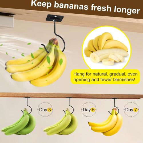 2 Pcs Banana Hook, Under Cabinet Foldable Banana Hanger | Black Self-Adhesive Under Cabinet Foldable Metal Banana Hanger, Banana Hook Holder to Keep Bananas Fresh, Save Space