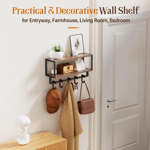 Wall Shelf with Hooks, 2 Tier Coat Rack Wall Mount with Shelf for Entryway Farmhouse Living Room, 5 Wooden Decorative Wall Hooks for Hanging Coat Jackets Hats Towel Key (16.5)