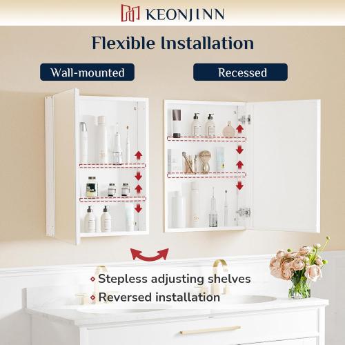 Keonjinn 30 x 26 Inch White Medicine Cabinet Mirror, Assembly Needed, in Wall Medicine Cabinets for Bathroom, Lightweight, Adjustable Shelves, Tempered Glass, Soft Closing, Recessed or Wall Mount