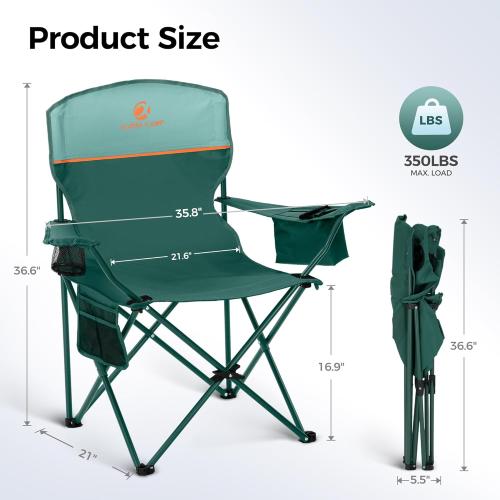 ALPHA CAMP Camping Chairs 350LBS Capacity, Heavy Duty Folding Chair with 4-Can Cooler Bag, Portable Outdoor Chair with Cup Holder for Adults, Collapsible for Tailgating, Beach, Fishing,Black,2PC