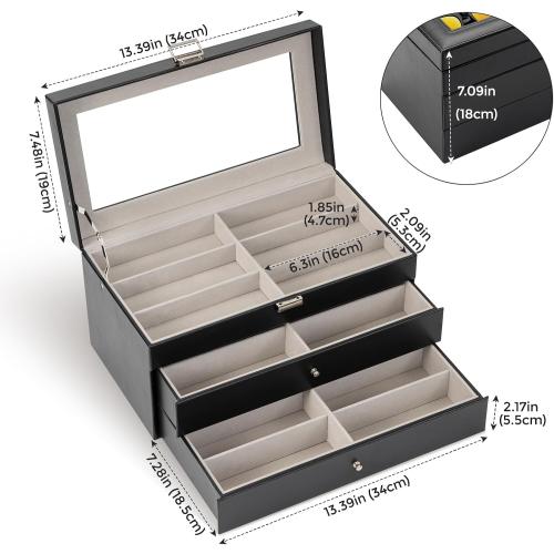 Size 18 Slots ProCase 3-layer Sunglasses Storage Organizer, 18 Slots Leather Sunglass Box Multiple Pairs Eyeglass Cases Eye Glass Eyewear Display Holder for Men Women, Father's Day Gift -Black