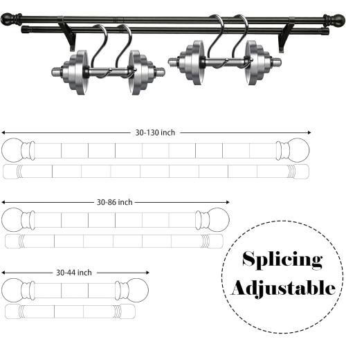 Heavy Duty 1 Inch Black Double Curtain Rod, Splicing Adjustable Design for Windows 66 to 120 Inches, with Snap-On Brackets & Decorative Finials for Sliding Doors & Living Room