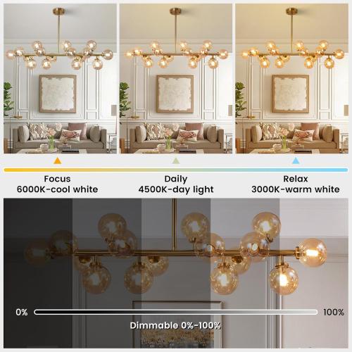 Modern Gold Chandelier Rectangle Pendant Light Ammber Globe Glass Sputnik Chandeliers Hanging Light Fixture 16-Light