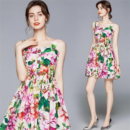 Size M Fashion Print Dress Female Holiday Dresses Flower Buttons Spaghetti Straps Sundress