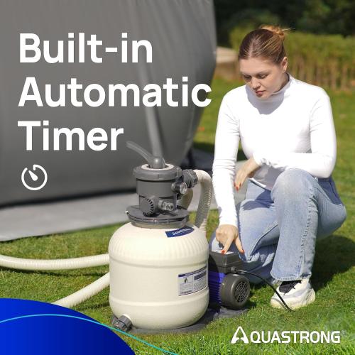 Grey AQUASTRONG Sand Filter Pump for Above Ground Pool with Timer, 1/2 HP Pool Pump Max 2500 GPH for Pools up to 9000GAL, 12in Pool Sand Filter with 6-Way Valve, Improved Circulation for Crystal-Clear Pool