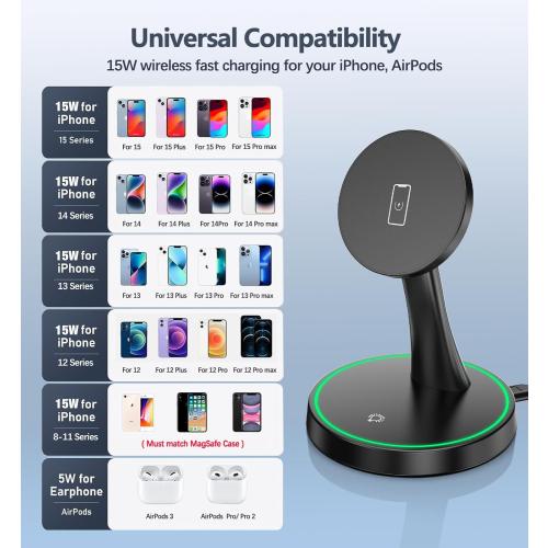 Magnetic Wireless Charger Stand 15W Fast Mag-Safe Charger for iPhone 17/17 pro/ 17 Air/ 17 pro max 16/15/14/13/12 Series Magnet Wireless Charging Station/Pad with Sleep-Friendly Light for AirPods