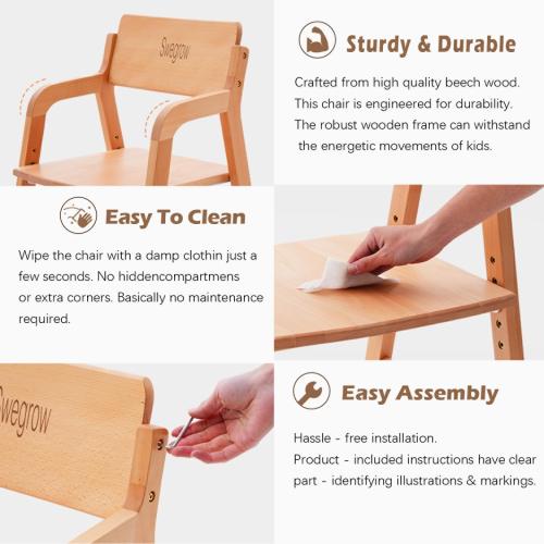 Swegrow Wooden High Chair with 2 Wheels, Adjustable Seat - Backrest - Footrest Heights, Wooden High Chair for Toddlers - Kids and Baby, Kids Dining Chair with Removable Cushion(Gray)