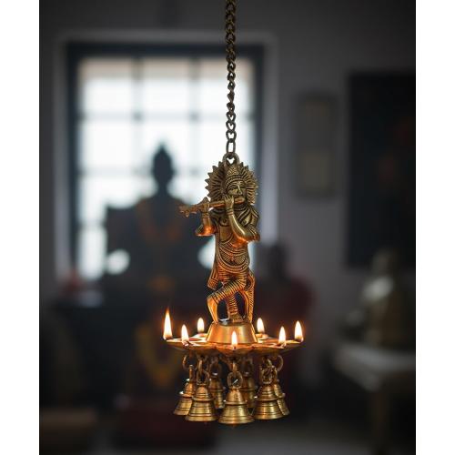 eSplanade - Krishna Wall Hanging Diya with Bells & Chain | Oil Lamp | Home Decor | Diya, Deepak, Deepam - Brass