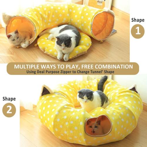 AUOON Cat Tunnel Bed for Indoor Cats - Large Cat Donut Tunnel with Hanging Ball Toy, Collapsible 2-in-1 Multifunctional Interactive Cat Toy for Kitten, Puppy, Rabbit, Ferret (Khaki)