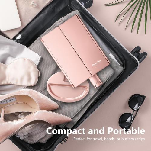 Tri-fold Lighted Vanity Makeup Mirror with 3x/2x Magnification,21 LEDs Light and Touch Screen,180 Degree Free Rotation Countertop Cosmetic Mirror,Travel ***(Rose Gold)***