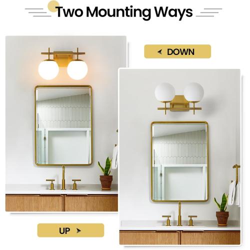 Gold Vanity Light, 2-Light Bathroom Lighting Fixtures Over Mirror Milky White Glass Globe Shades, Modern Vanity Lighting Fixtures Wall Sconce 14 Inch (Exclude E26 Bulb)
