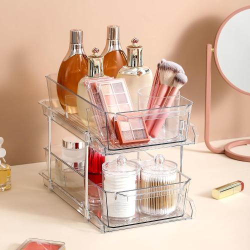 Color Clear Set of 2 Set, 2 Tier Clear Organizer with Dividers for Cabinet, Shlef, Counter - MultiUse Slide-Out Storage Container - Kitchen, Pantry, Medicine Cupboard Bins, Bathroom, Vanity Makeup, Under Sink Organizing