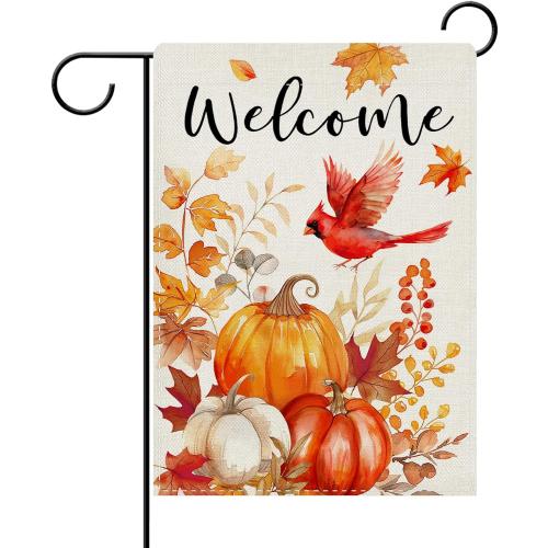 Dyrenson Welcome Fall Pumpkin Cardinal Decorative Garden Flag, Autumn Thanksgiving Harvest Red Bird Yard Outside Home Decoration, Farmhouse Leaves Burlap Outdoor Small Decor Double Sided 12 x 18