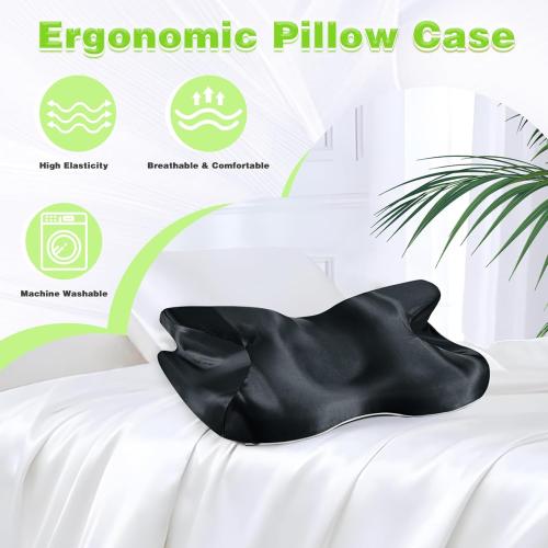 2 Pcs Satin Pillowcase for Cervical Pillow, Black Silky Cervical Pillow Case Contour Pillow Case Cover with Zipper, Smooth Ergonomic Pillowcase for Neck Pillow Cover