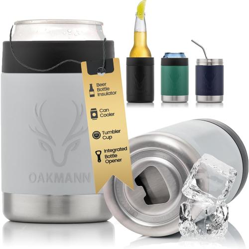 OAKMANN Beer Cozy with Bottle Opener, Insulated Can Cooler 12 oz Bottle Holder, 4 in 1 Stainless Steel Insulator, Universal Can Coozie for Cans Bottles, Ultimate Beer Gift Set - Mist Grey