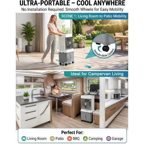Swamp Cooler Cooling Fan, 10-Gal Portable Air Conditioners Windowless | Evaporative Air Coolers with Detachable Tank, 3 Speeds, Timer, Remote, and Rolling Casters for Patios, Garages, Apartments