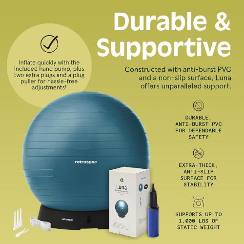 Retrospec Luna Exercise Ball with Pump - Anti-Burst Fitness Equipment for Yoga, Core Training & Stability - Home Gym Swiss Ball for Office & Pregnancy