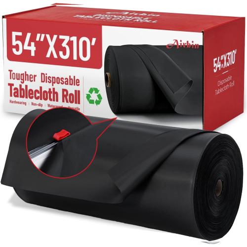 Plastic Tablecloth Roll, 310 Ft x 54 In Plastic Table Cloth Disposable Black Tablecloth Roll Premium PEVA Waterproof Black Table Cover Rolls with Cutter for Banquets, Festivals, Parties, Birthdays