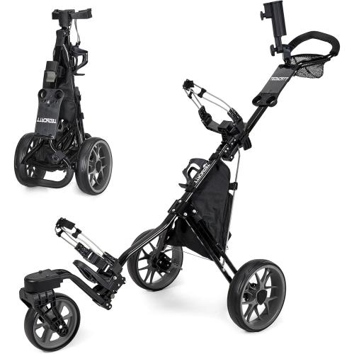 360 Golf Pull Cart: Lightweight Folding Swivel 3 Wheels Golf Caddy with Foot Brake, Cooler Bag, Drink& Umbrella Holder