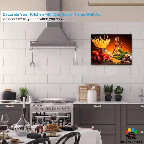 Kitchen Wall Decor Canvas Art, Colorful Ingredient Vegetable and Fruit Canvas Print for Dining Room Decor, Vintage Condiment Picture Kitchen Framed Painting for Restaurant Decor (18x24 Inches)